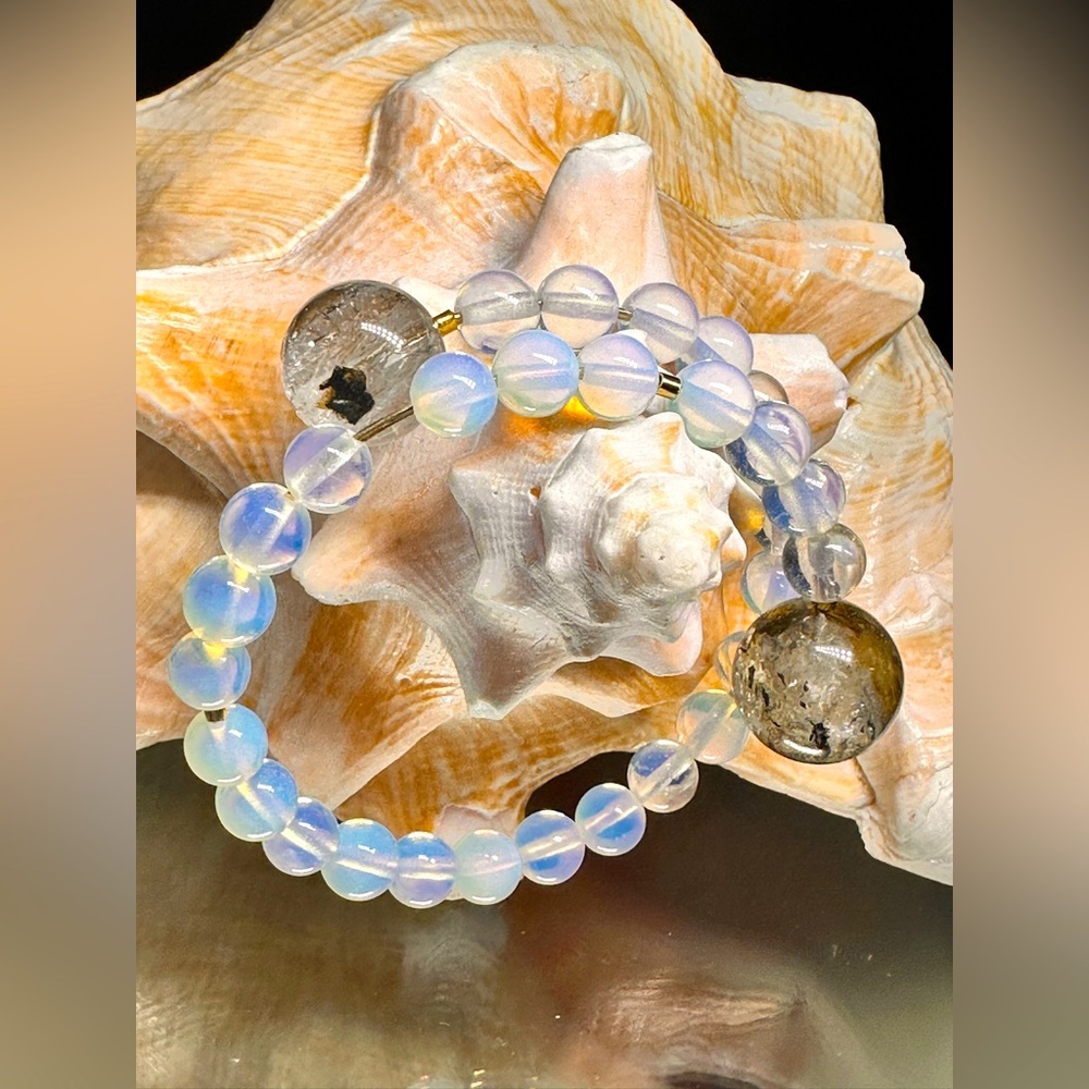 OPALITE + SKELETAL HERKIMER DIAMOND CUFF BRACELET Size 7” up to 7.5”
